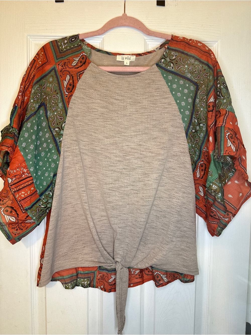 LA MIEL Neutral Knit Top with Orange & Green Patchwork Sleeves